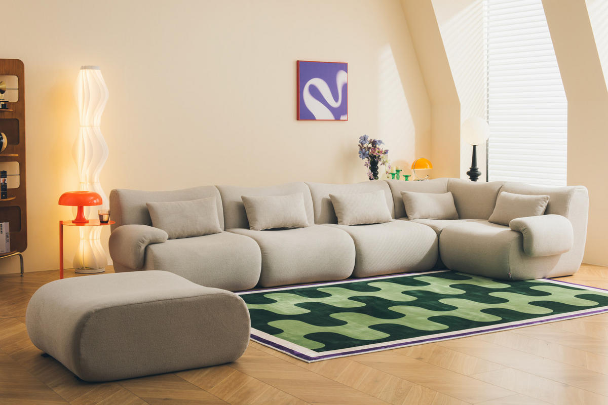 WOHNLANDSCHAFT Bouclé-Stoff Steinbeige - Greige, Textil (356/73/190cm) - MILYsofa