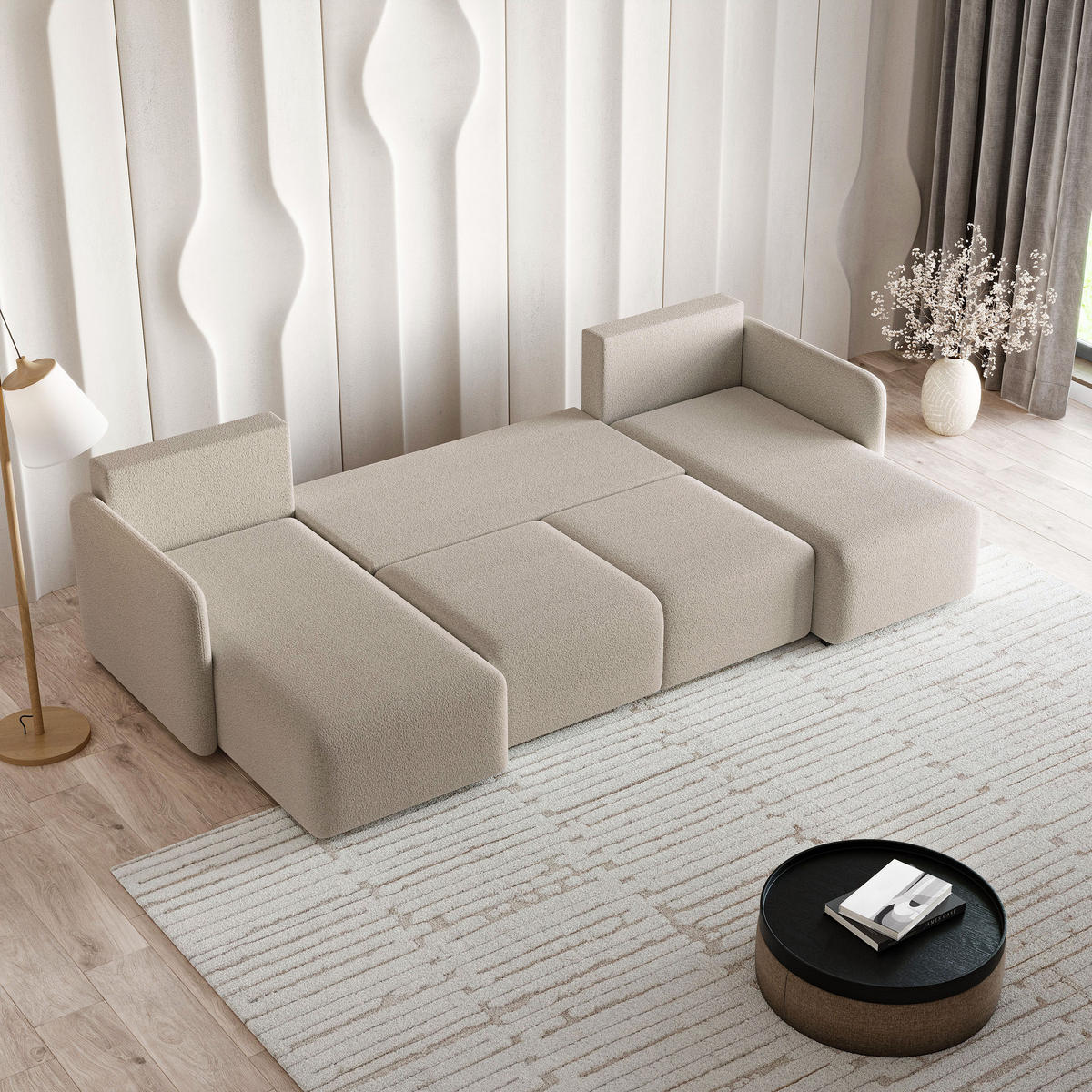 WOHNLANDSCHAFT NUBERO Beige Boucle-Stoff mit Schlaffunktion - Beige, Holz (285/85/143cm) - MASSENO