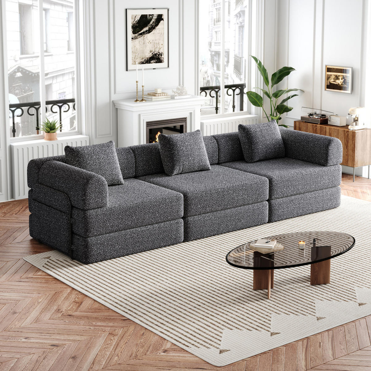 SCHLAFSOFA mit Armlehnen-Ablagefach 2-in-1 Grau Chenille 190/90/45 cm - Grau, Textil (274/69.8/183.8cm) - OKWISH
