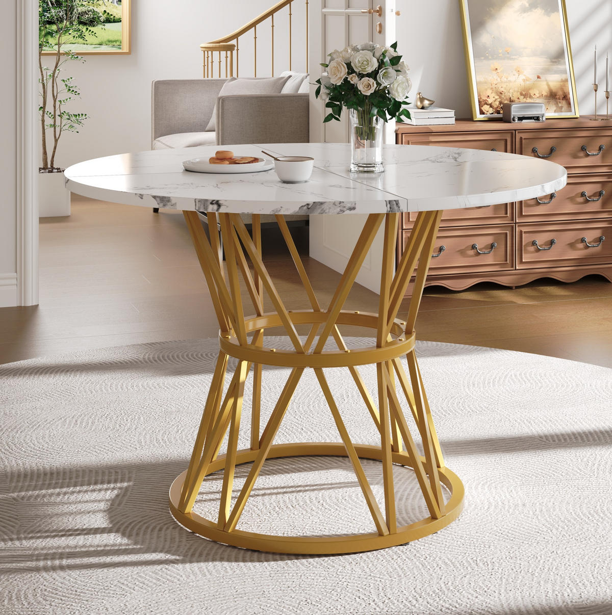 ESSTISCH 100/100/76 cm in Gold mit MDF-Tischplatte in Marmoroptik - Goldfarben, Holzwerkstoff (100/100/76cm) - Flora Grace