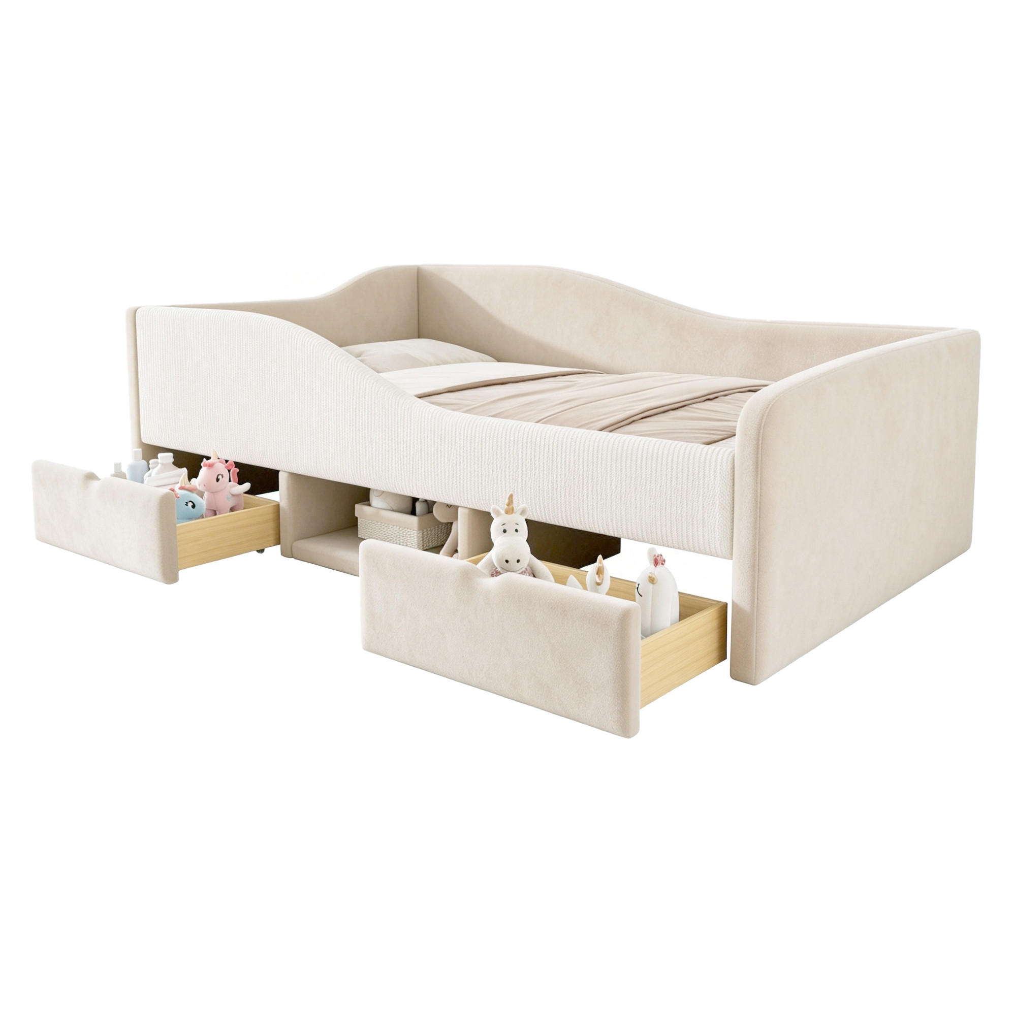 POLSTERBETT 90/190 cm mit zwei Schubladen, offenem Stauraum und Schutzgittern, Beige - Beige, Textil (90/190cm) - Redom