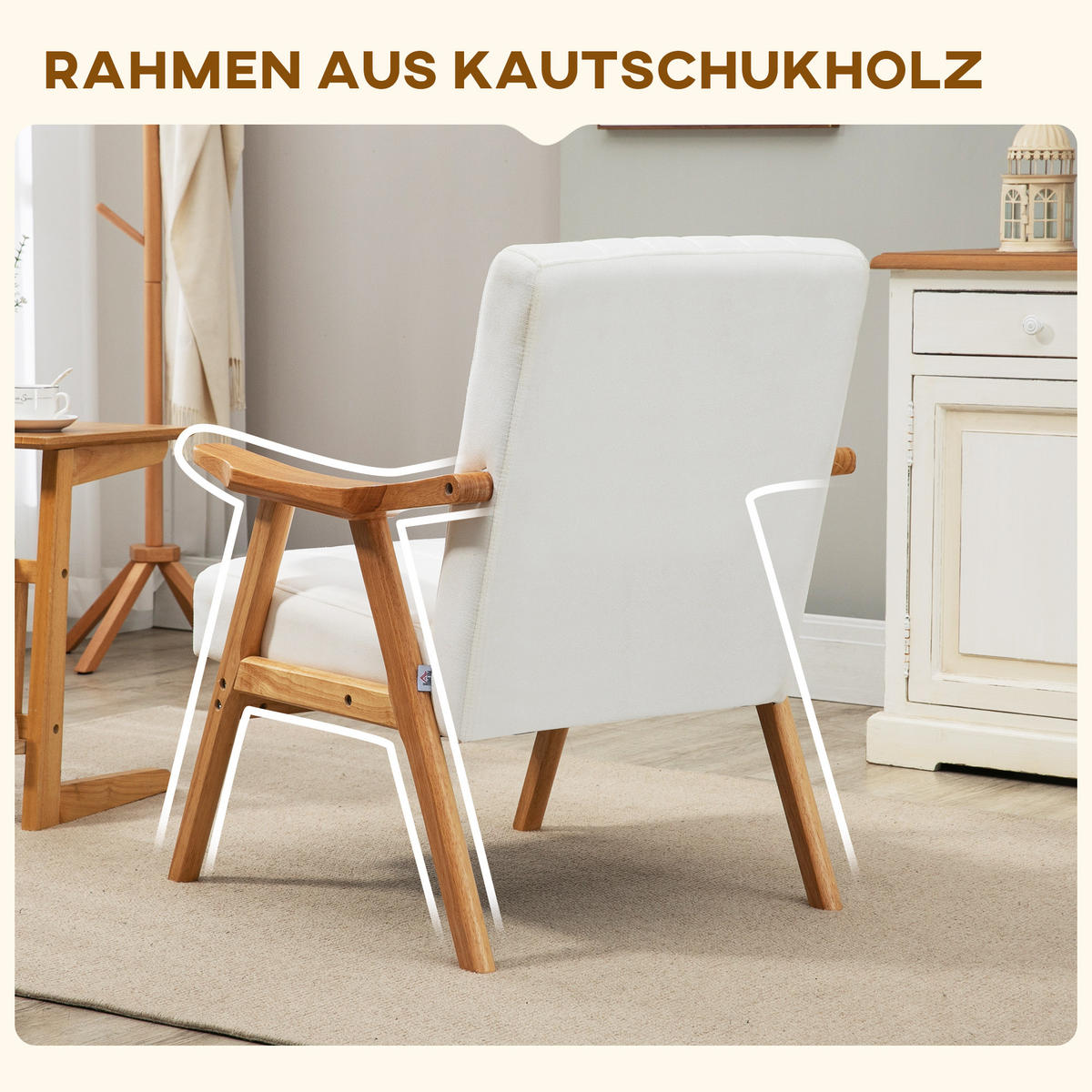 POLSTERSESSEL Wohnzimmersessel mit Armlehnen Kautschukbaumholz Farbe: Creme - Creme, Kunststoff (74/82/68cm) - HOMCOM