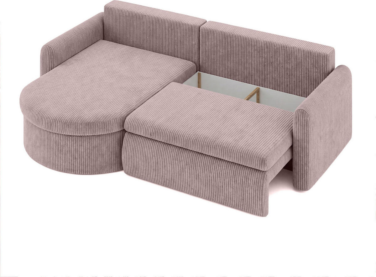 ECKSOFA Cora mit Schlaffunktion & Stauraum, Universell Rechts/Links, Rosa Cord Chenille 260/82/160 cm - Schwarz/Rosa, Kunststoff/Textil (250/160cm) - WFL GROUP