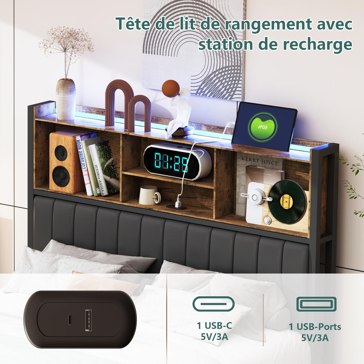 POLSTERBETT 140x200 cm, Schwarz, mit Schubladen, LED, USB - Schwarz, Textil/Metall (160/200cm)