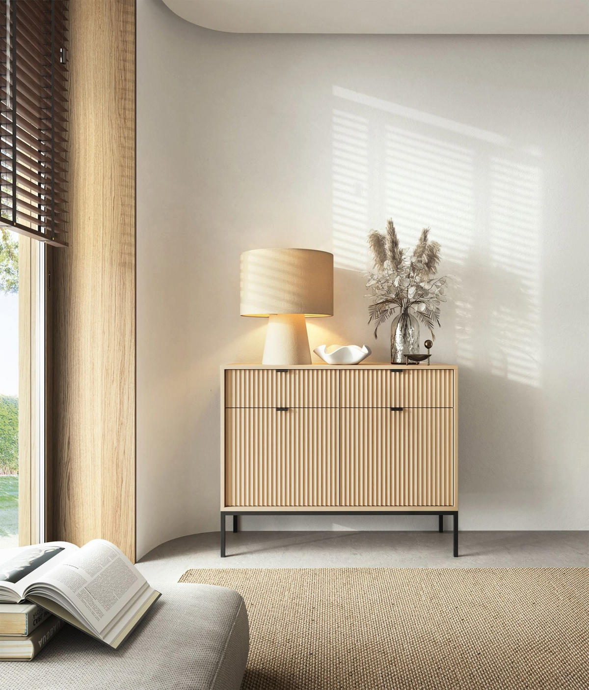 KOMODA Vellore Dekor dub Vicenza s černou podnoží 104 cm - černá/béžová, kov/kompozitní dřevo (104/83/39cm) - Selsey