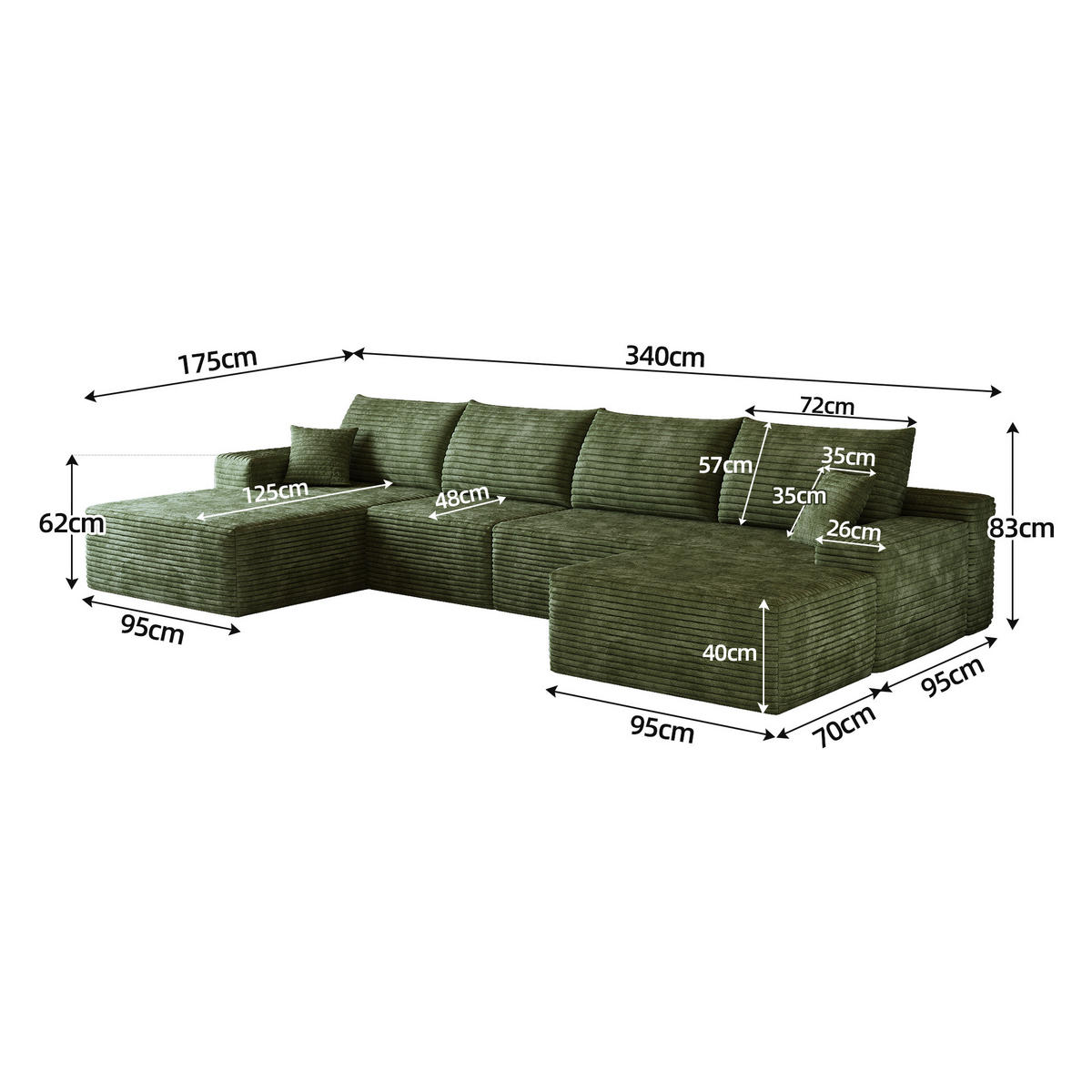 WOHNLANDSCHAFT DE-34857 U-Form 3-Sitzer Chaiselongue links Grün - Grün, Textil (175/83/270cm) - ComfortXL