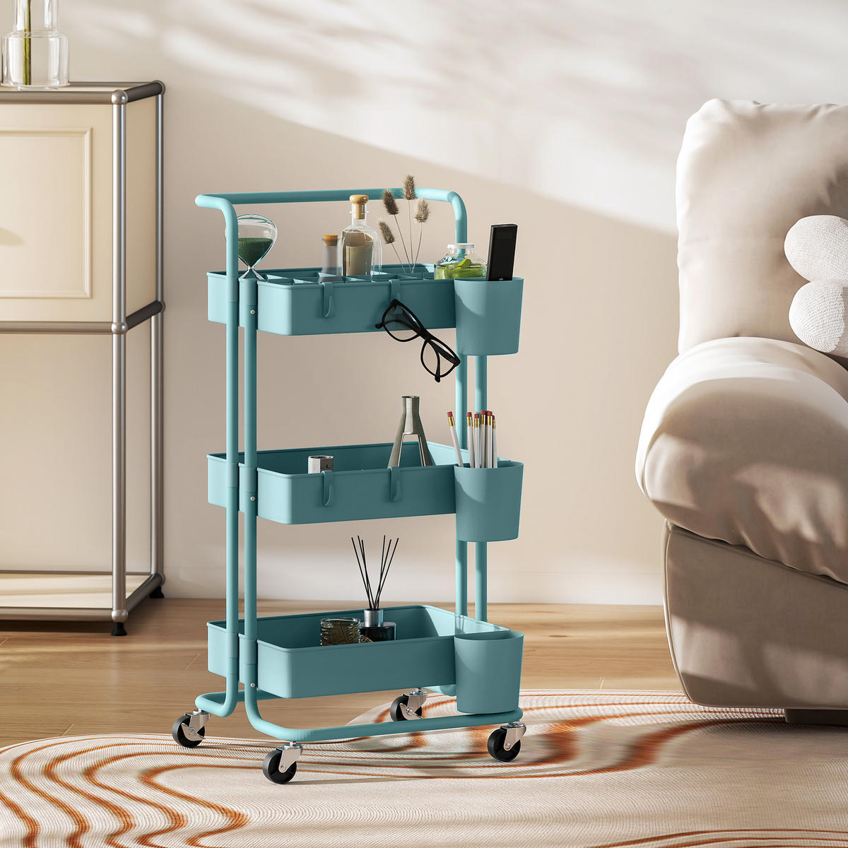 SERVIERWAGEN DE-12544 3 Ebenen mit Haken & Hängeboxen 42/38/86,5 cm Blaugrün - Weiß, Kunststoff (38/86.5/42cm) - ComfortXL