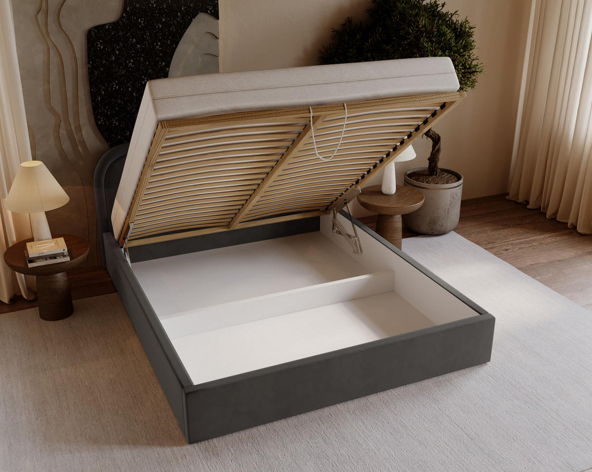 POLSTERBETT 140x200 Dune mit Bettkasten, runde Kopfteil, Samt, Dunkelgrau - Dunkelgrau, Holz/Textil (140/200cm) - Emporius
