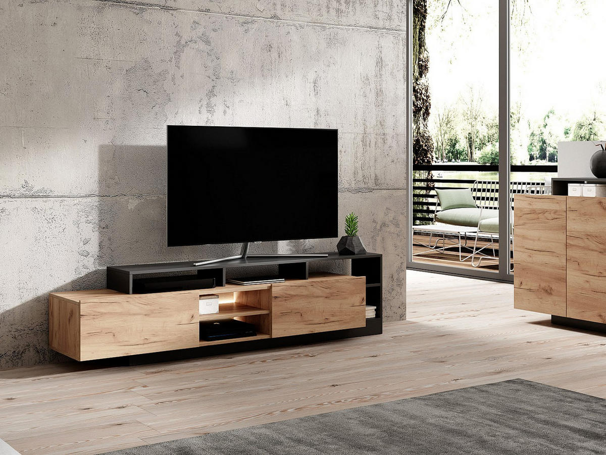TV-MÖBEL - 2 Türen und 6 Ablagefächer - Mit LED-Beleuchtung - Holzfarben hell und Anthrazit - IDESIA - Anthrazit, Holz (192.4/47.8/43.6cm) - Vente-Unique