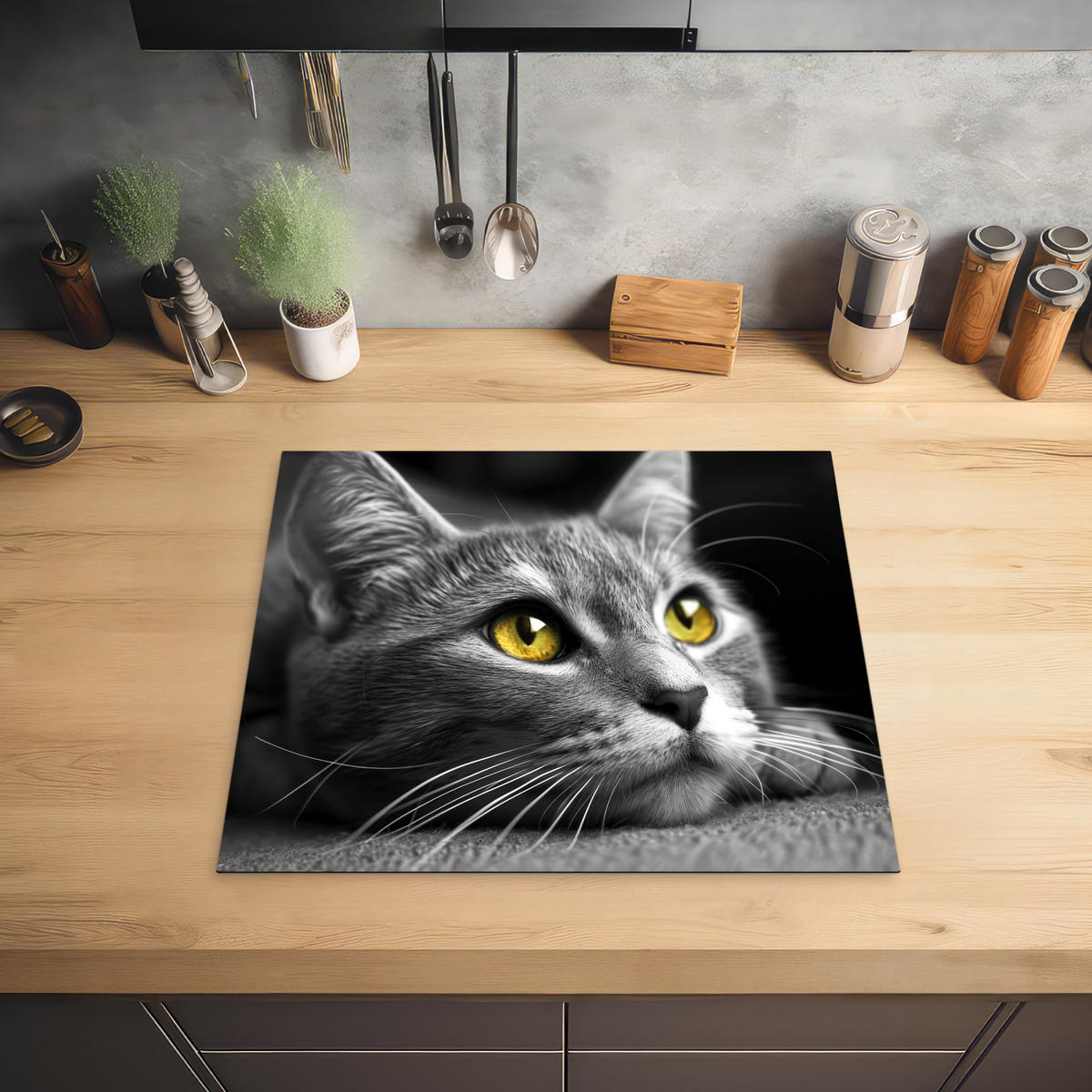 HERABDECKPLATTE - Katze - Grau - Tiere - Katze - 60x50 - Grau, Kunststoff (60/50/0.2cm) - MuchoWow
