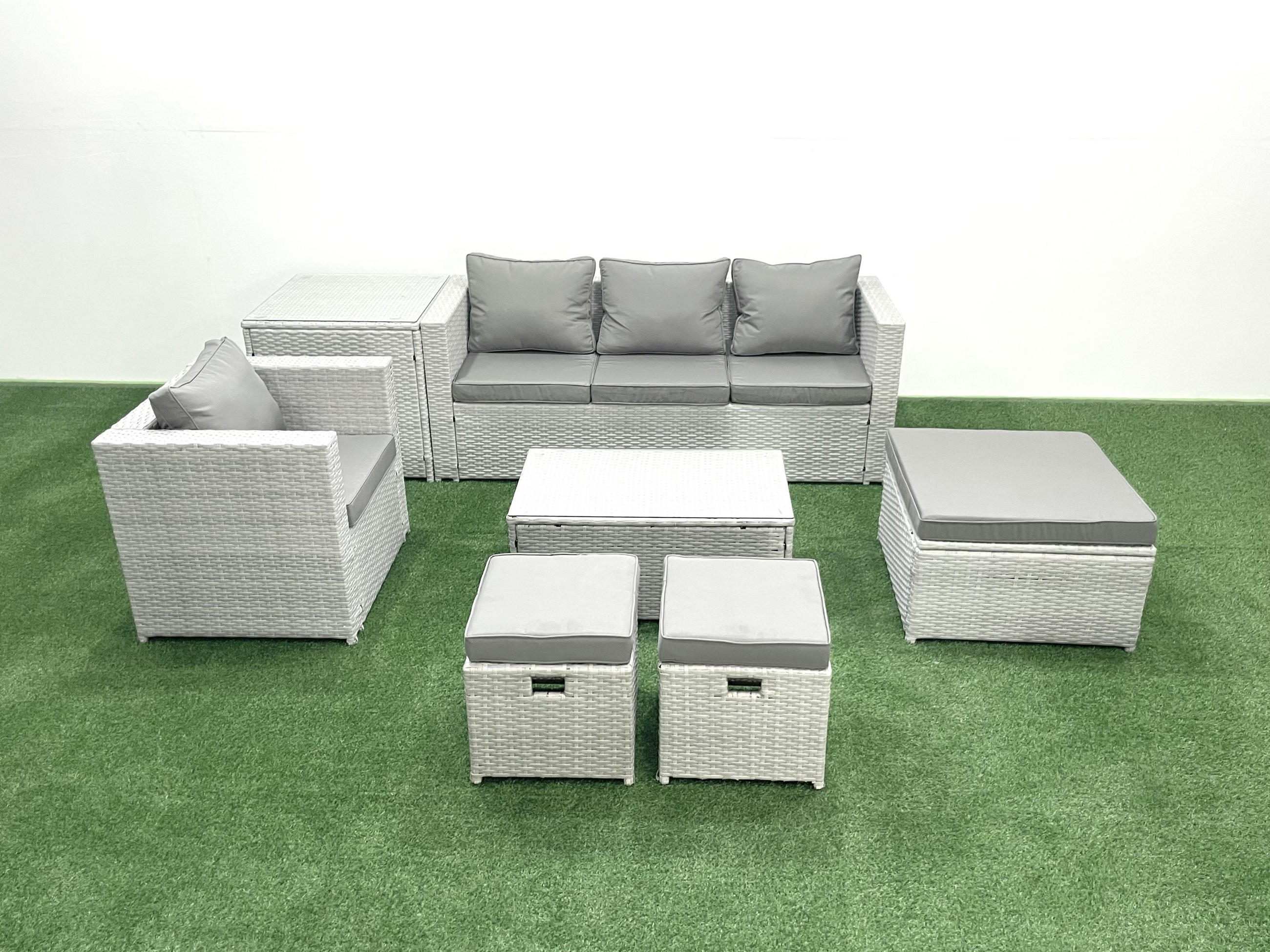 GARTENSET mit 3-SITZER SOFA,COUCHTISCH Polyrattan Hellgrau-Mix 7-Sitzer - Hellgrau/Grau, Glas/Kunststoff - Fimous