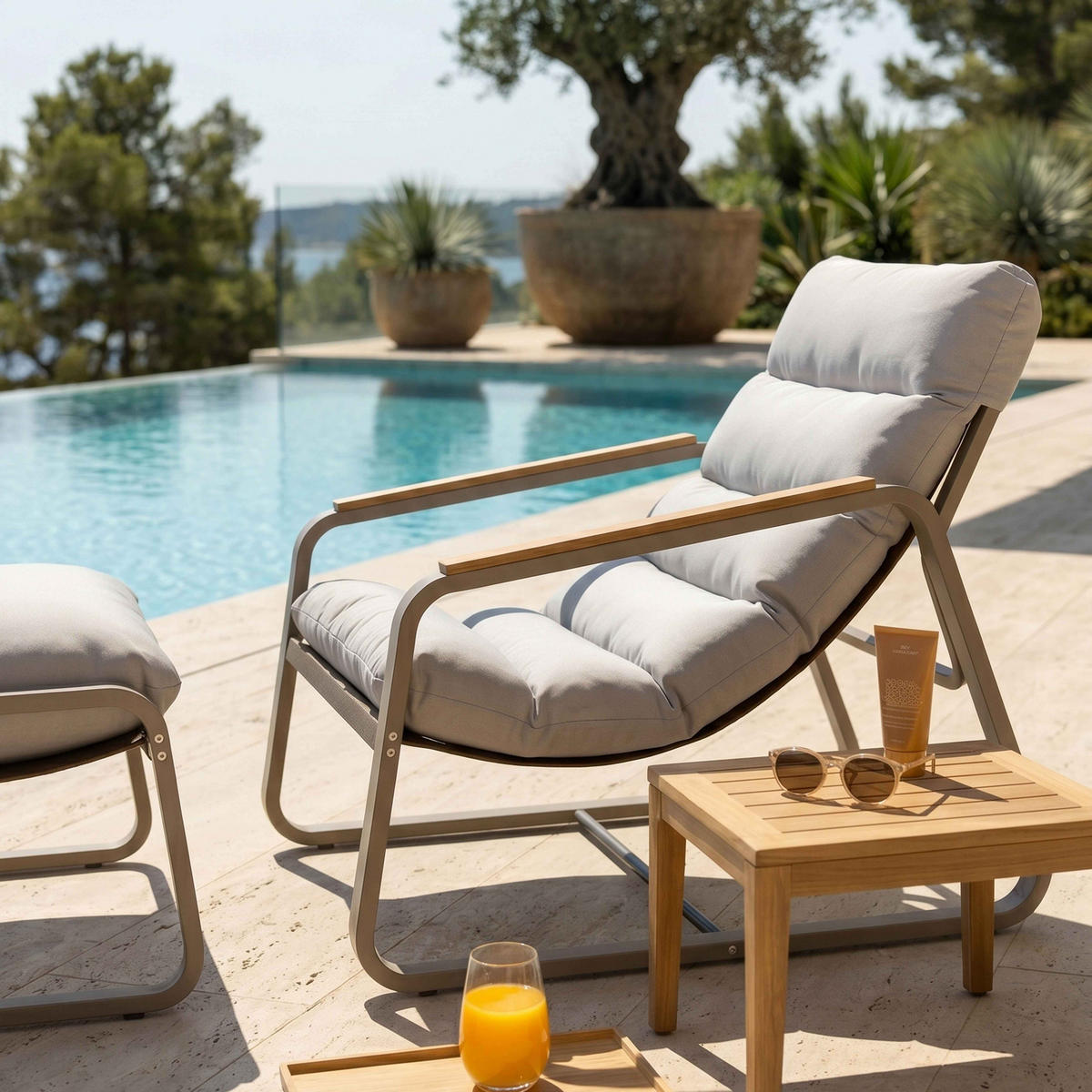 GARTEN-RELAXSESSEL mit Fußstütze, Taupe - Taupe, Textil (72/77/91cm) - Oviala