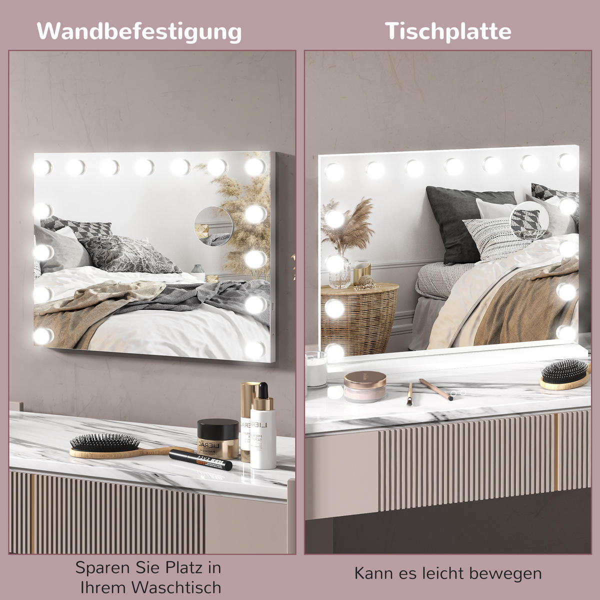 HOLLYWOOD Spiegel mit Beleuchtung, Dimmbar Schminkspiegel mit 15 LED Licht - Weiß, Glas (14/48/58cm) - HOMCOM