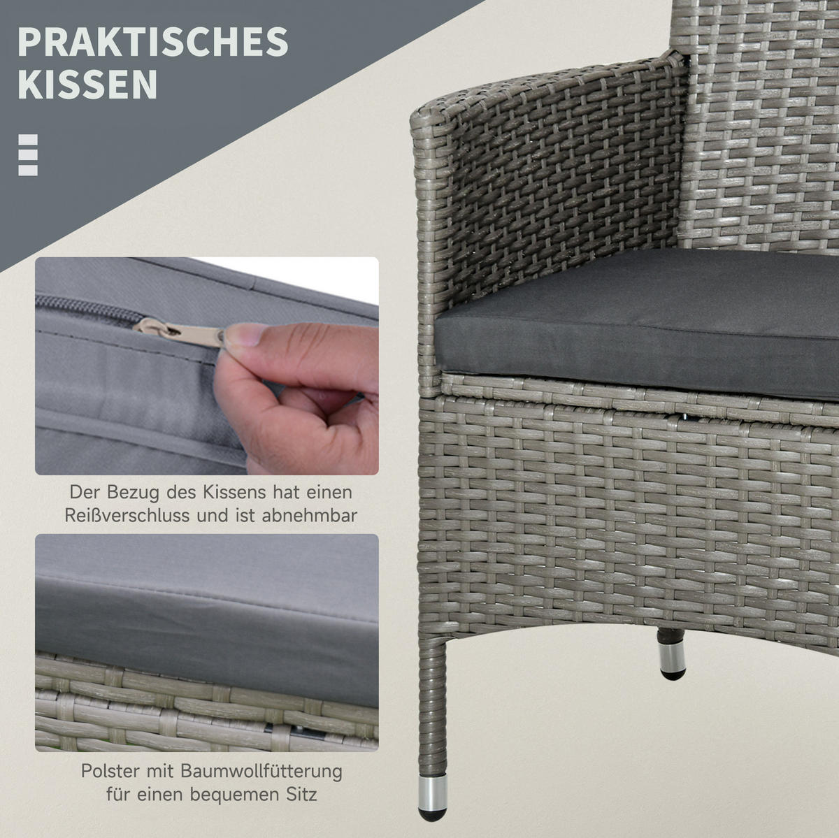 BISTRO set z ratanu 60x58,5x89,5 cm šedé s odkládacím stolkem, polstry - šedá, přírodní materiály - Modfu