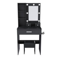 SCHMINKTISCH mit LED-Spiegel, Steckdose, Föhnhalterung und gepolstertem Hocker; schwarz; 60 × 131,5 × 38 cm - Schwarz, Holzwerkstoff (38/131.5/60cm) - Vallsero
