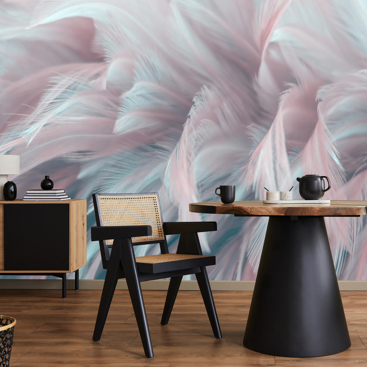 FOTOTAPETE für Schlafzimmer Pastell Federn Zart Rosa Blau 250x175 - Blau/Violett, Papier (250/175cm) - Muralo