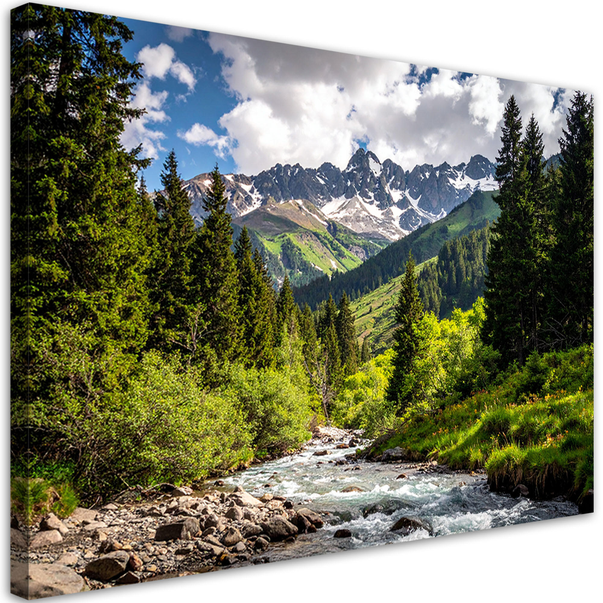 LEINWANDBILD Landschaft Berge Wald Fluss Natur 90x60cm - Grün, Textil (90/60cm) - Feeby