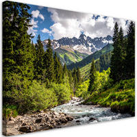 LEINWANDBILD Landschaft Berge Wald Fluss Natur 90x60cm - Grün, Textil (90/60cm) - Feeby