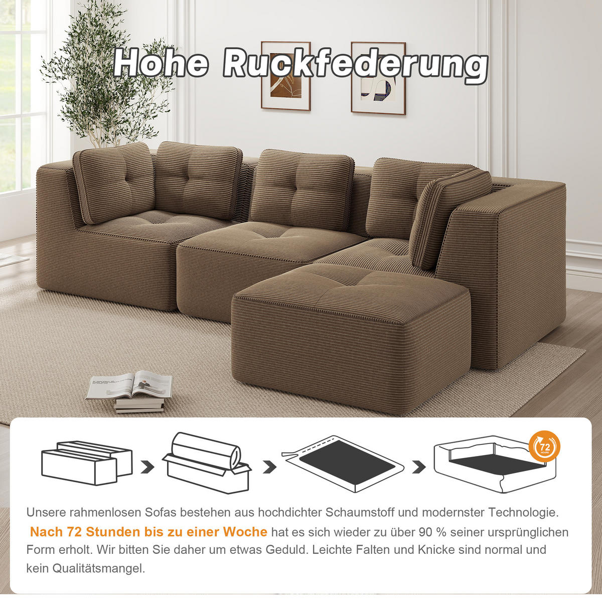 ECKSOFA 297/177/69 cm Braun Cord mit 1 Fußhocker - Braun, Textil (297/177cm) - Oxeza
