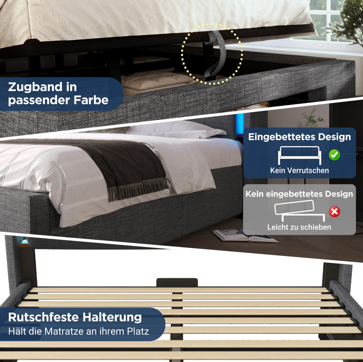 ČALOUNĚNÁ postel 180/200 cm šedá z lnu s hydraulickým úložným prostorem, LED a USB-C - šedá, textil (180/200cm) - OKWISH