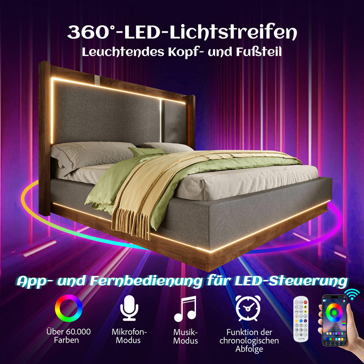 POLSTERBETT 140/200 cm Grau mit LED und Bettkasten, ohne Matratze - Grau, Textil (140/200cm) - Oxeza