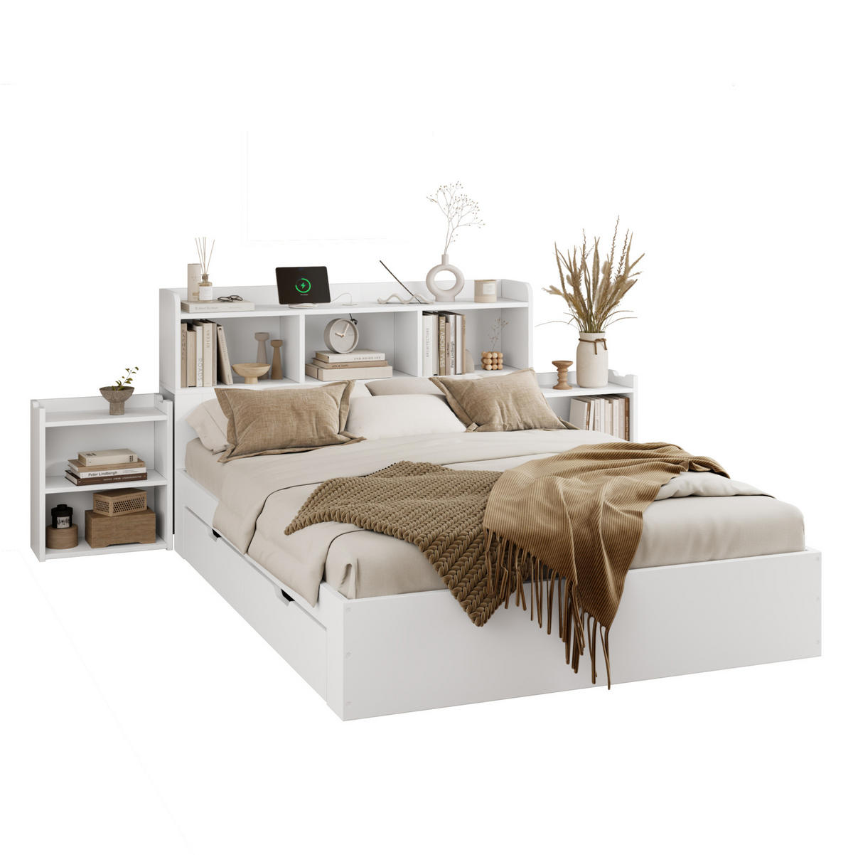 HOLZBETT 140/200 cm mit 4 Schubladen, ausziehbarem Nachttisch und Ladefunktion aus MDF, Weiß - Weiß, Holzwerkstoff (140/200cm) - Redom