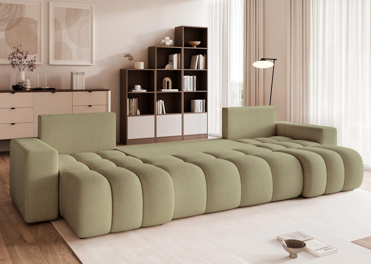 WOHNLANDSCHAFT OFI mit Schlaffunktion und Bettkasten Grün - Grün, Holzwerkstoff/Kunststoff (318/79/145cm) - Idohome