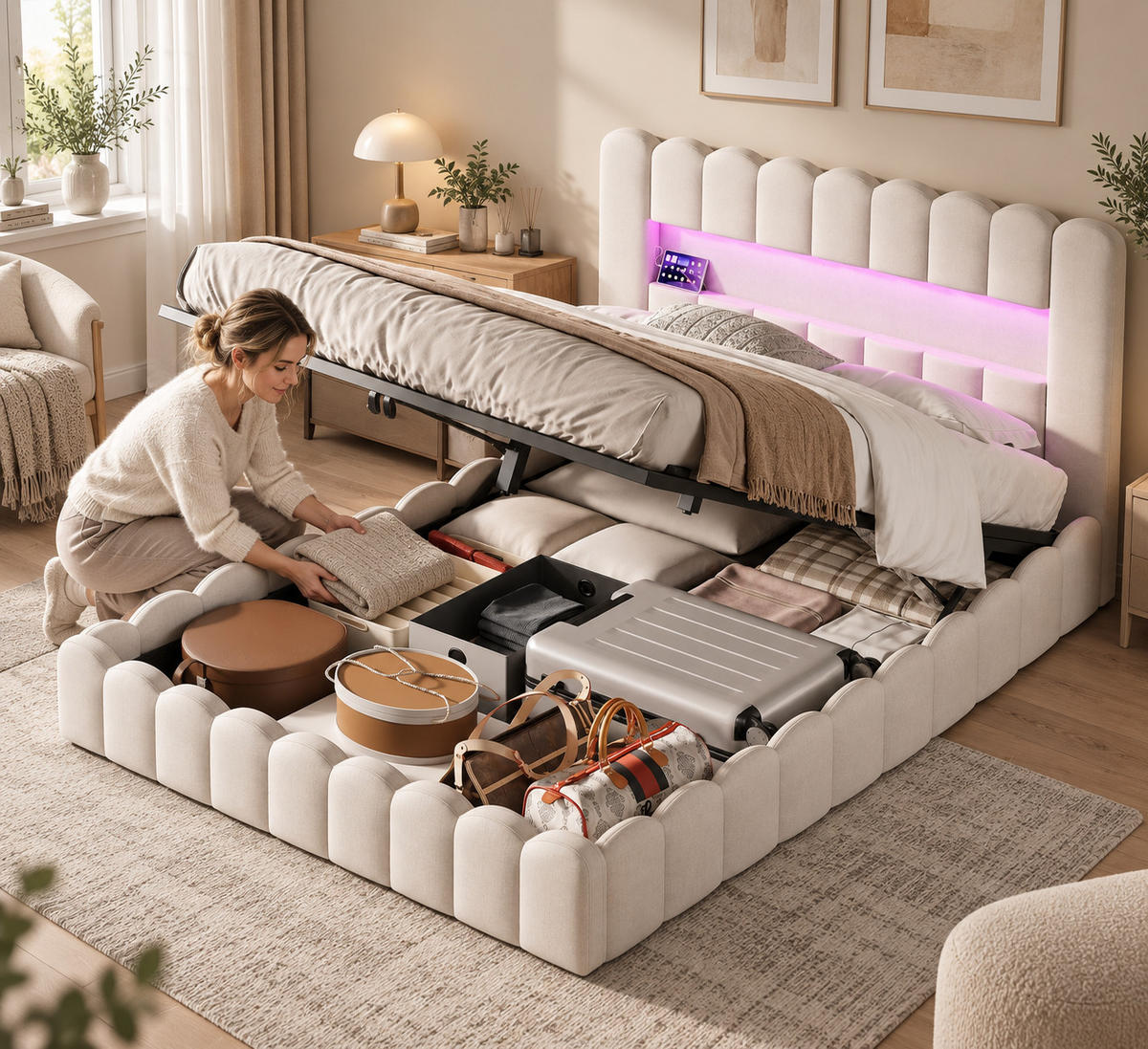 POLSTERBETT 160/200 cm mit LED-Kopfteil und hydraulischem Stauraum, modernes Schlafzimmerbett - Beige, Holz/Metall (160/200cm) - Joyfair