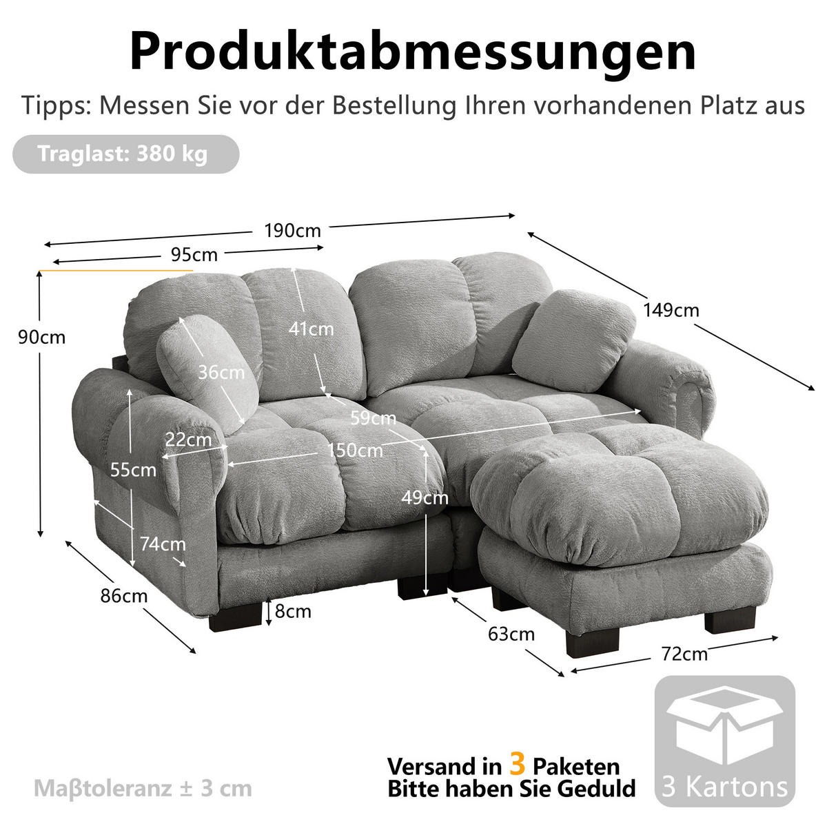 ECKSOFA 190 x 149 x 90 cm in Hellgrau aus Chenille mit modularem Aufbau - Hellgrau, Textil (149/190cm) - Flora Grace