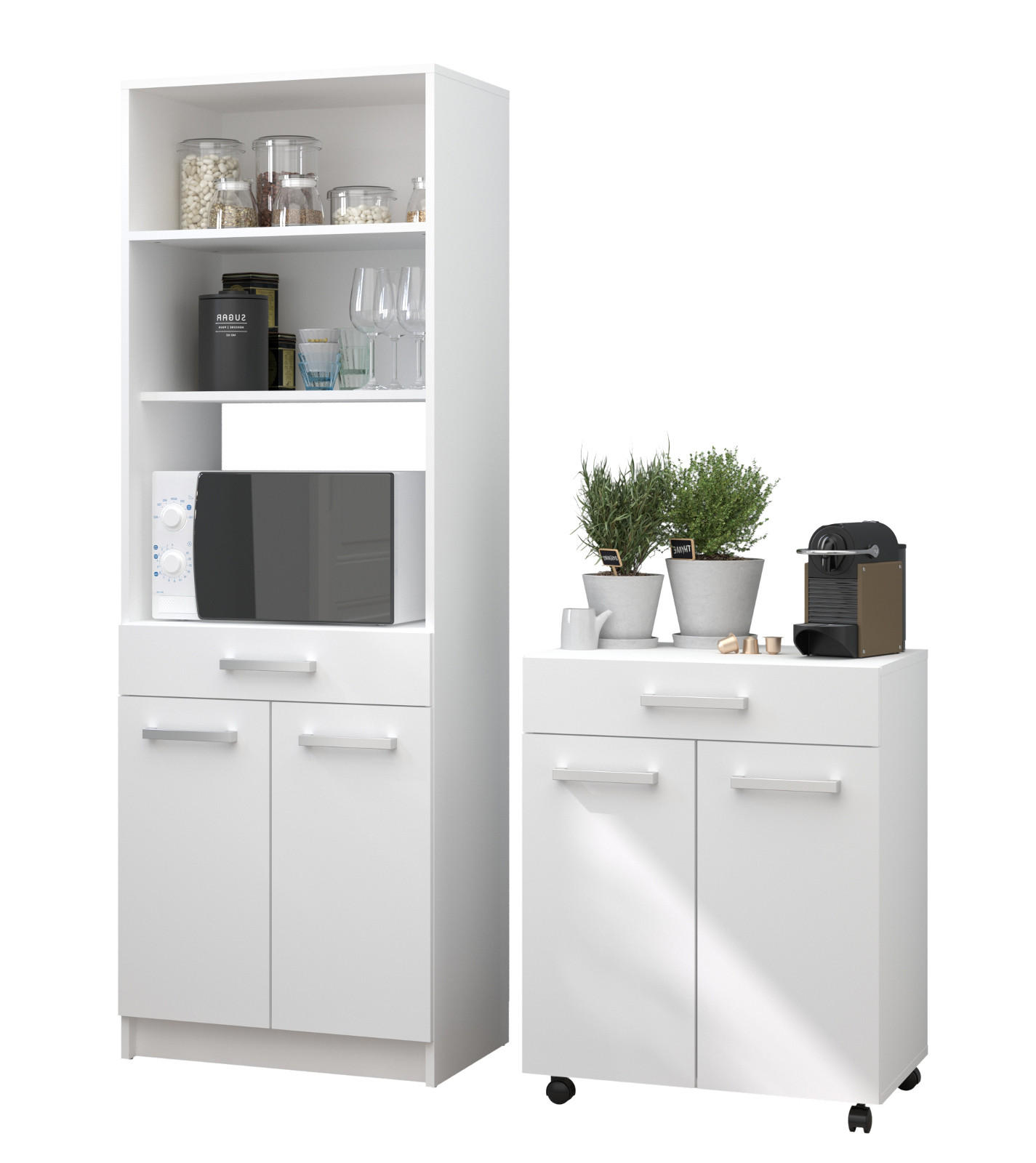 KÜCHENSCHRANK Set 2-teilig weiß mit Buffet und Mehrzweckschrank - Silberfarben/Weiß, Holz/Holzwerkstoff (120/176/43cm) - Parisot Meuble