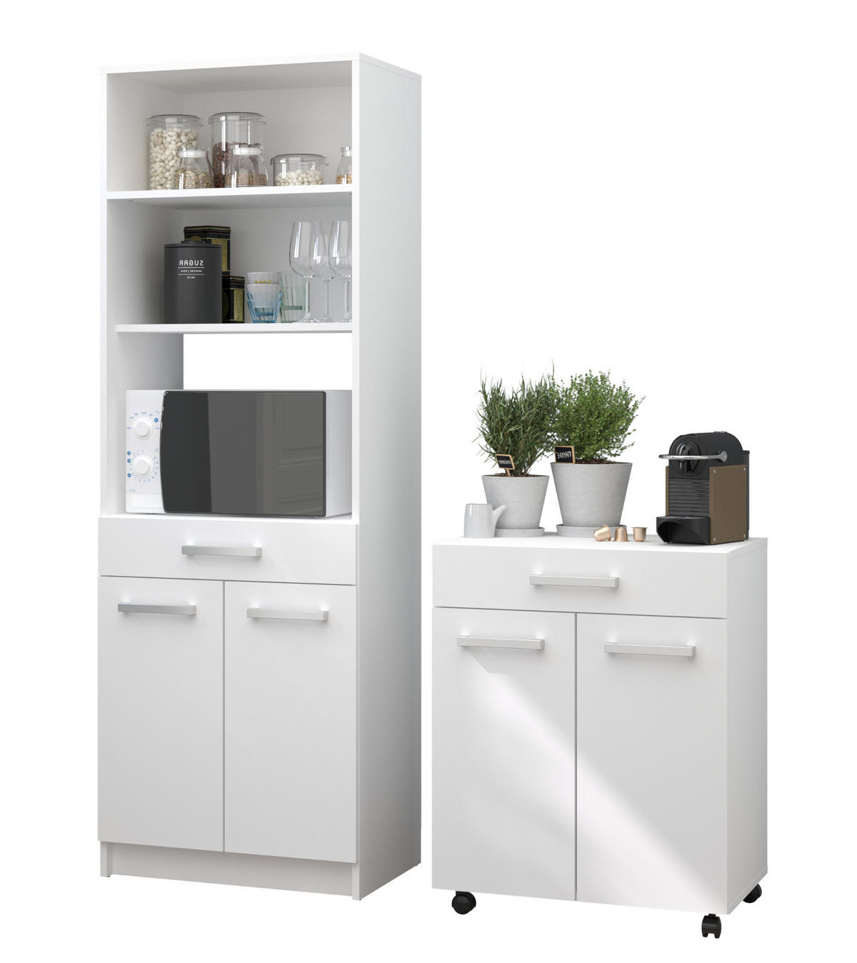 KÜCHENSCHRANK Set 2-teilig weiß mit Buffet und Mehrzweckschrank - Silberfarben/Weiß, Holz/Holzwerkstoff (120/176/43cm) - Parisot Meuble