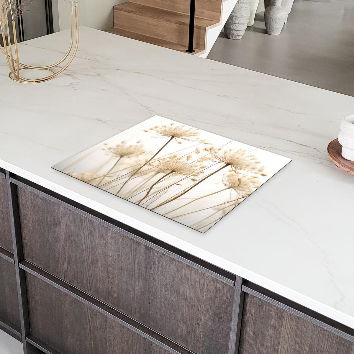 HERDABDECKPLATTE Blumen - Weiß - Sonnenlicht Herdabdeckung Induktionsfeld 65x52 cm - Ecru, Kunststoff (65/52/0.2cm) - MuchoWow