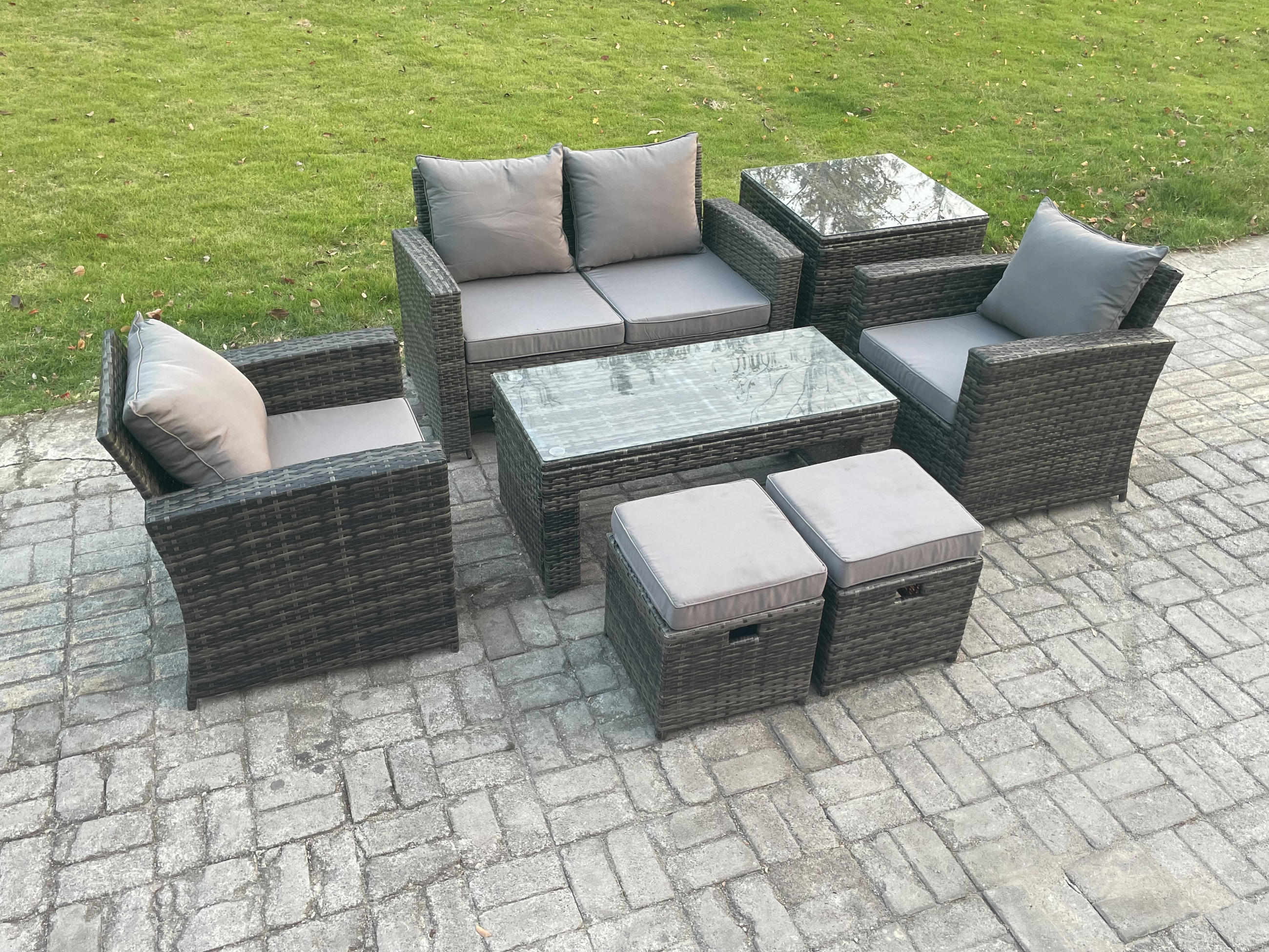 GARTENMÖBEL Set Polyrattan Dunkelgrau 6-Sitzer - Dunkelgrau, Metall - Fimous