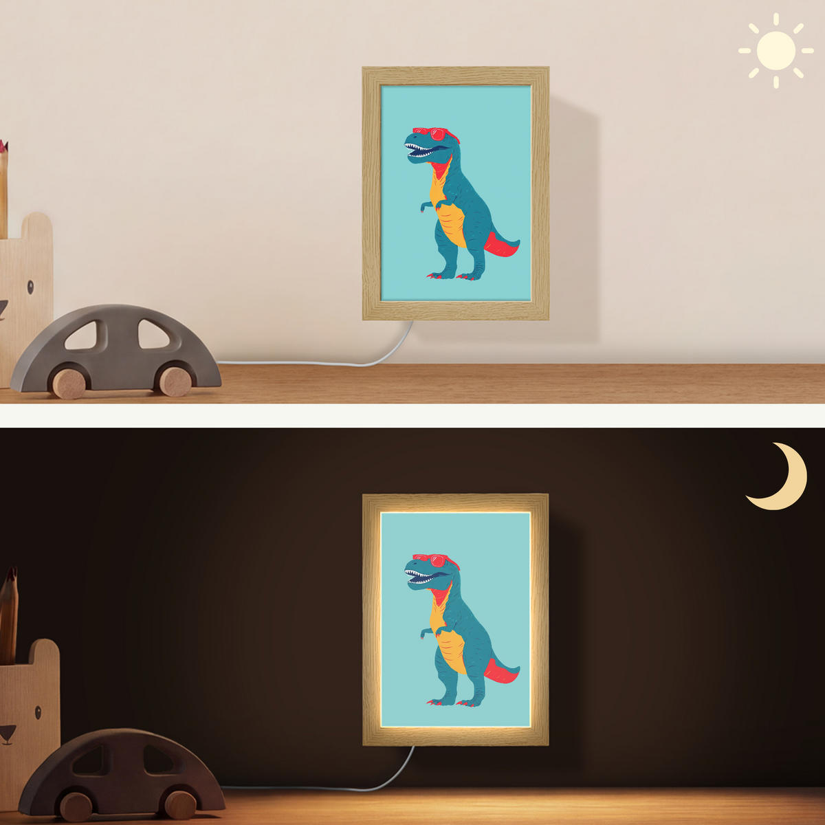 NÁSTĚNNÁ LAMPA Dinosaurus - Modrá - Sluneční brýle 15x20 cm - světle modrá, kompozitní dřevo (15/20/8cm) - OnlyWow