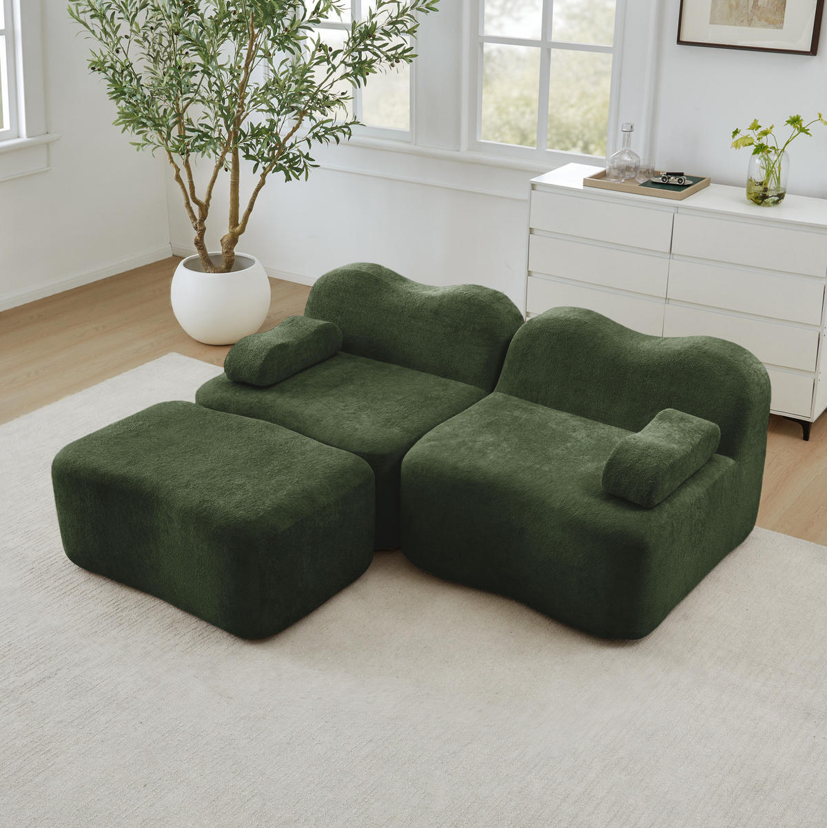 MODULARES Ecksofa ohne Montage mit Ottomanen, Wellenform und Samtbezug, Grün - Grün, Textil (192/167cm) - Redom
