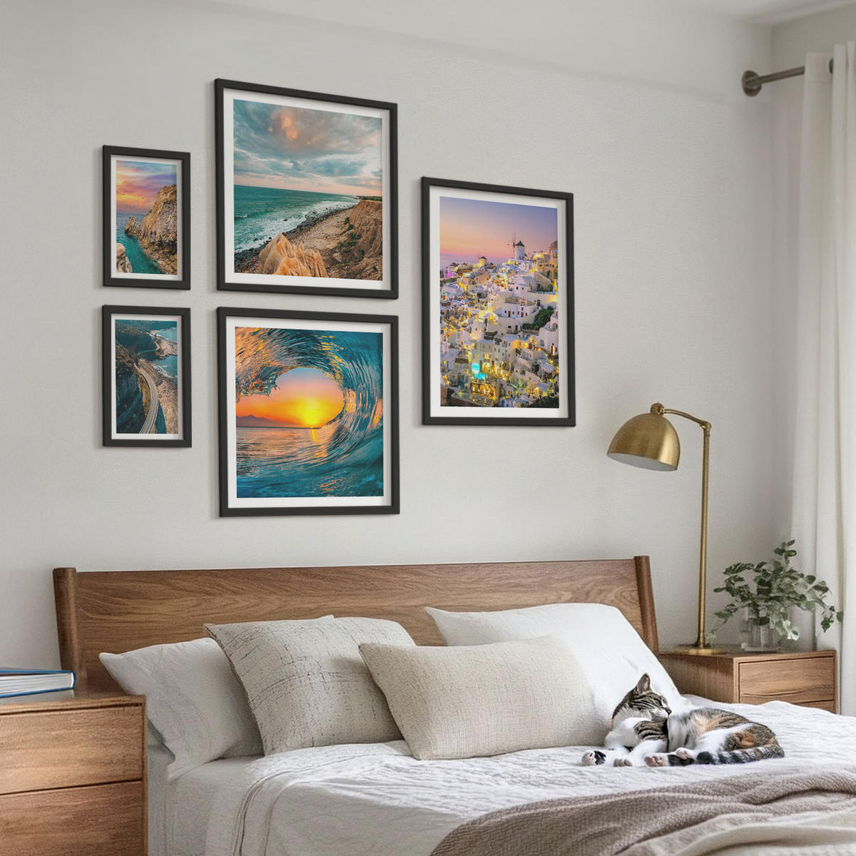 BILDER SET 5er Set - 50x50 cm & 20x30 cm & 40x60 cm Schwarzer Rahmen - Meereswellen, weiße Häuser, Santorini - Schwarz, Kunststoff (40/60cm) - TULUP