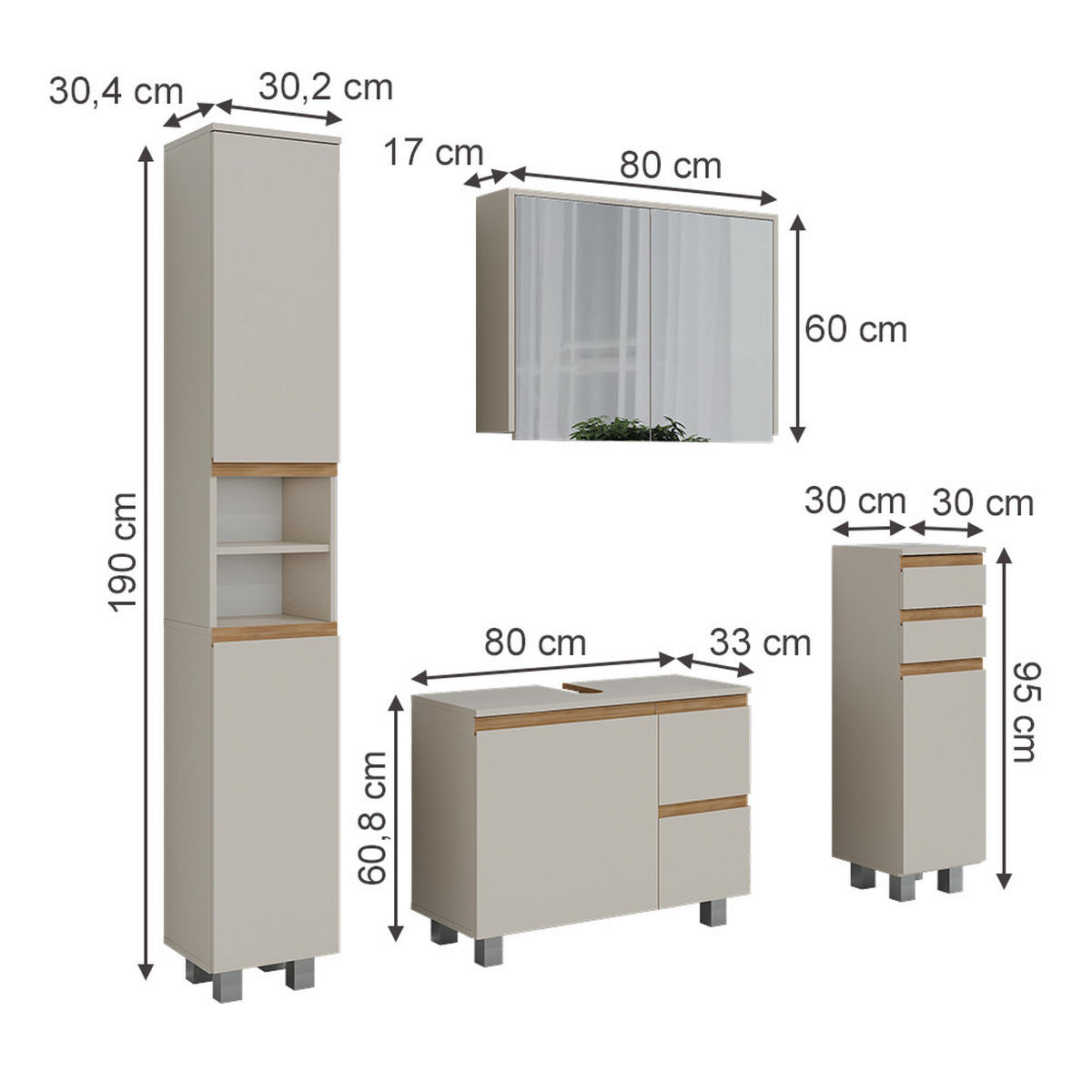 BADMÖBEL-SET J-Shape Cashmere/Artisan 4 Teile - Kaschmir/Hellgrau, Holzwerkstoff (80/60.8/33cm) - Vicco