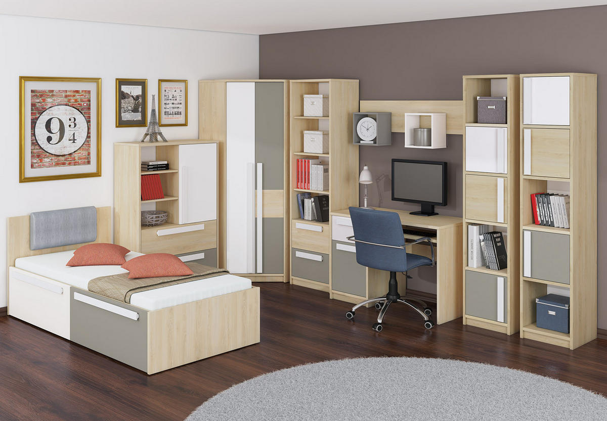 ECKSCHRANK Drop Fjord Buche / weiß / grau 82 / 82 / 199cm - Multicolor/Braun, Holz/Holzwerkstoff (82/199/82cm) - Feldmann-Wohnen