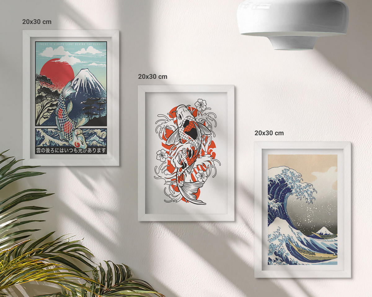 BILDER SET 3er Set - 20x30 cm Weißer Rahmen - Berge von Fischen Große Welle Japan - Weiß, Kunststoff (20/30cm) - TULUP