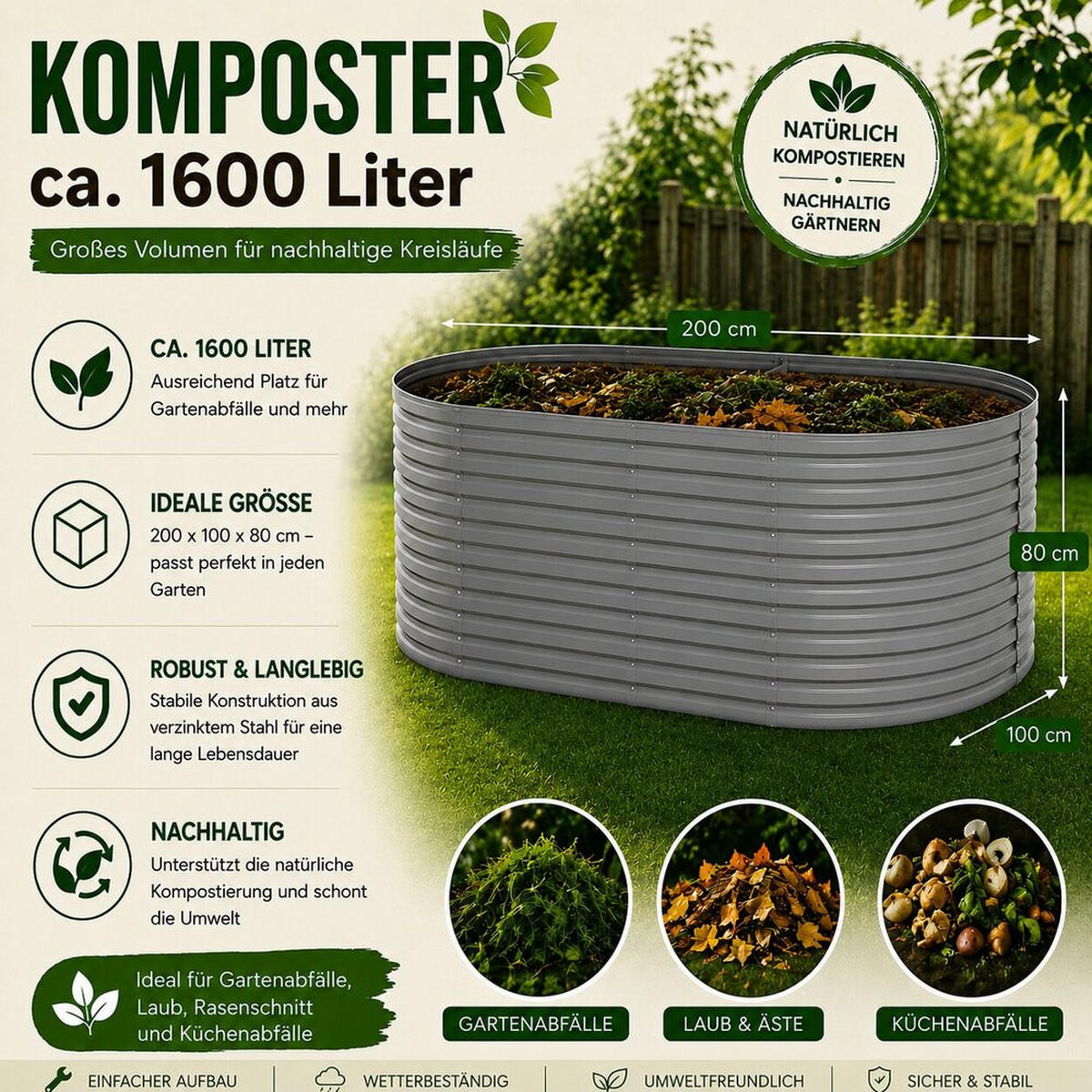 KOMPOSTER Garten, Silber, 200 x 100 cm - Silberfarben, Metall (200/80/100cm) - Vicco