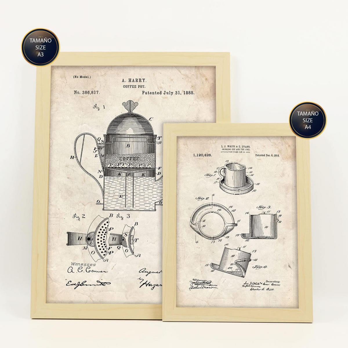 POSTER Set Mit 6 Mit Kaffeemaschine Patenten Im Vintage Stil A3 & A4 Rahmen Aus Hellem Holz - Beige, Papier (29/3cm) - Nacnic