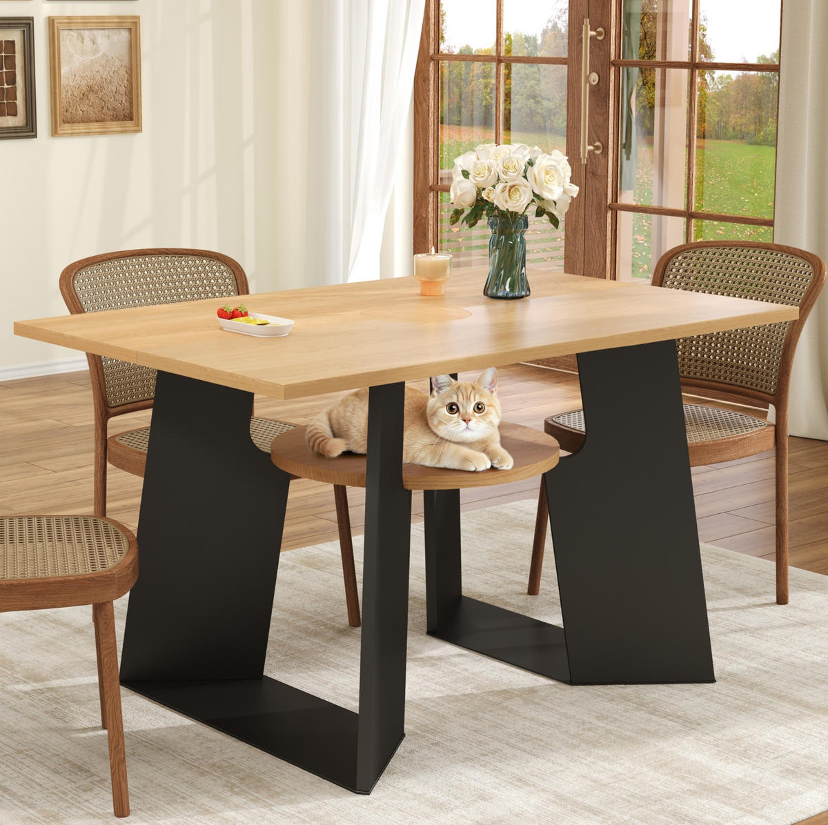 ESSTISCH 130/85/75 cm in Natur/Schwarz mit Ablagefach und haustierfreundlichem Design - Schwarz, Holzwerkstoff (130/85/75cm) - BEAOK