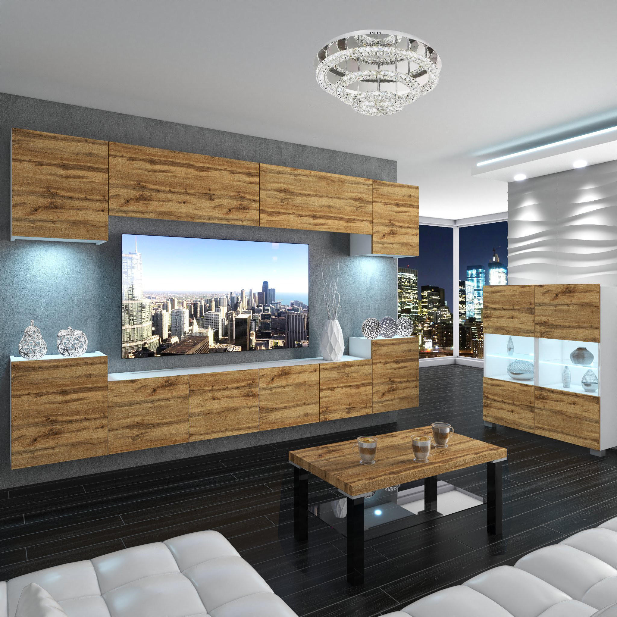 WOHNZIMMERWAND Schrankwand mit LED Wotan-Eiche - Braun, Holz (300/180/36cm) - B BELINI GROUP