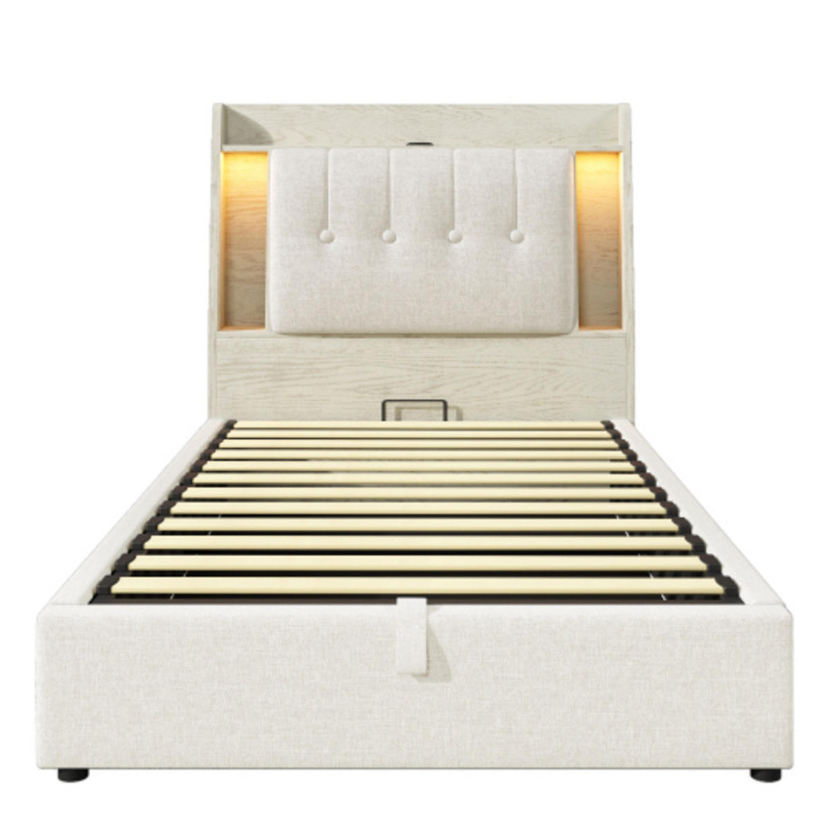 POLSTERBETT 90 × 200 cm mit Leinenbezug, Klapp-Staufach, beidseitiger LED-Leiste und USB/Typ-C Ladeanschluss, beige - Beige, Textil (90/200cm) - Luhomfu