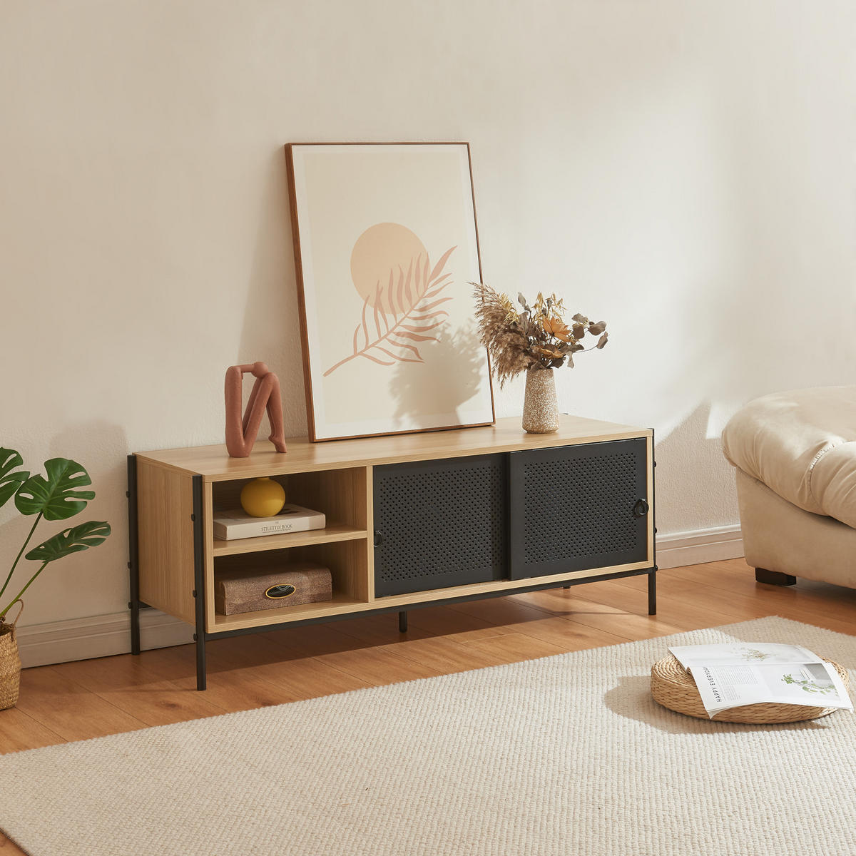 TV-ELEMENT Tysnes - Eichefarben/Schwarz, Holzwerkstoff/Metall (120/45/40cm) - [en.casa]