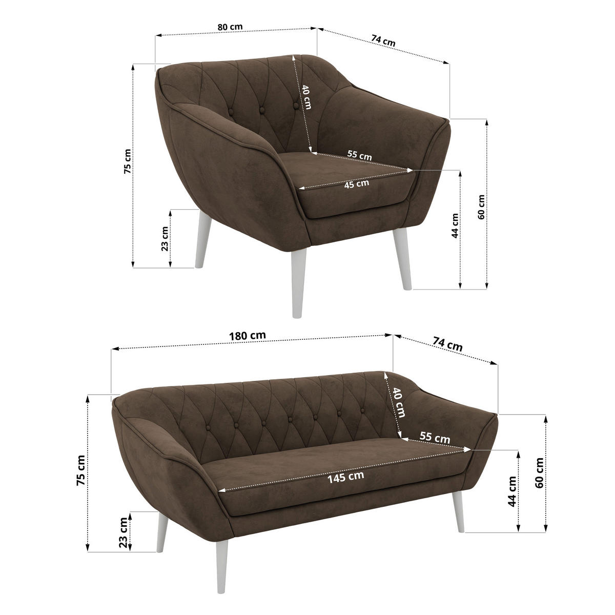 SITZGARNITUR PIRS 3+3+1 - Braun Velvet - Weiße Beine - Dunkelbraun/Braun, Holzwerkstoff/Textil (180/75/74cm) - MKS