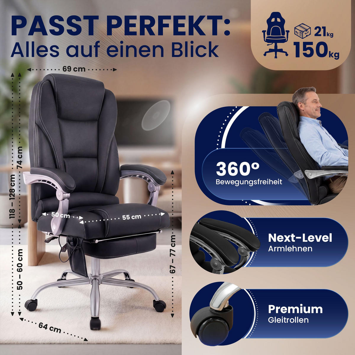 CHEFSESSEL Echtleder Schwarz - Chromfarben/Schwarz, Leder/Metall (69/118/64cm) - CLP