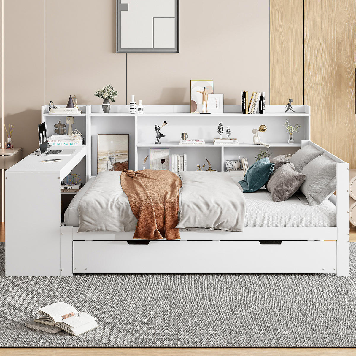 BETT aus 140x200 cm Weiß mit Ausziehbett, Schreibtisch, Regalen und Steckdose - Weiß, Holzwerkstoff (90/200cm) - Modfu