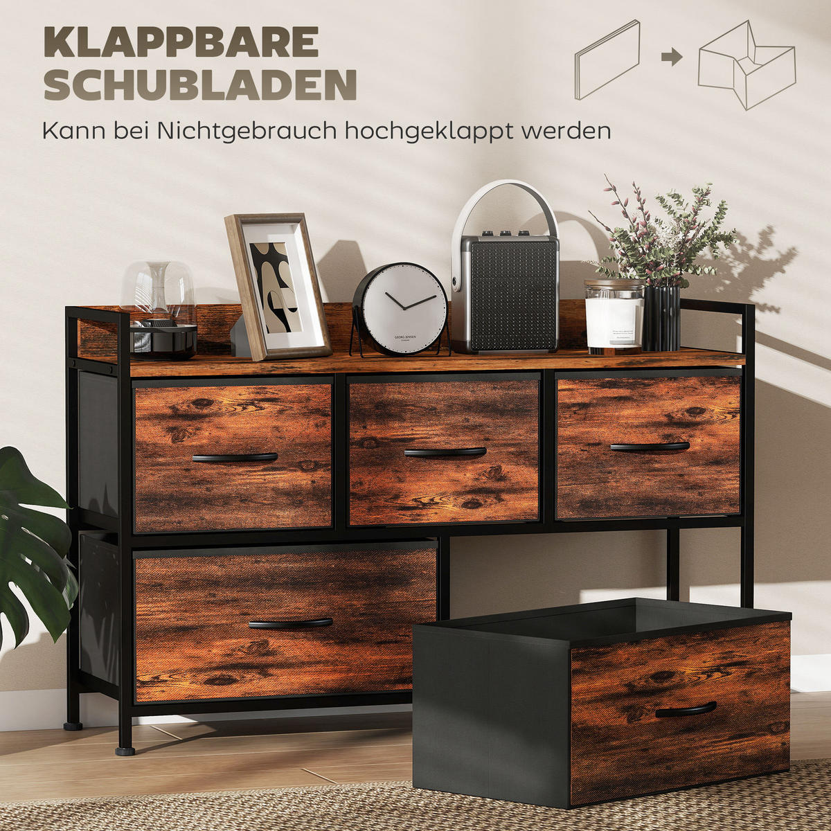 KOMMODE mit 5 Schubladen aus Stoff Kommodenschrank mit Stahlgestell Braun - Braun, Textil (29/63/98cm) - HOMCOM