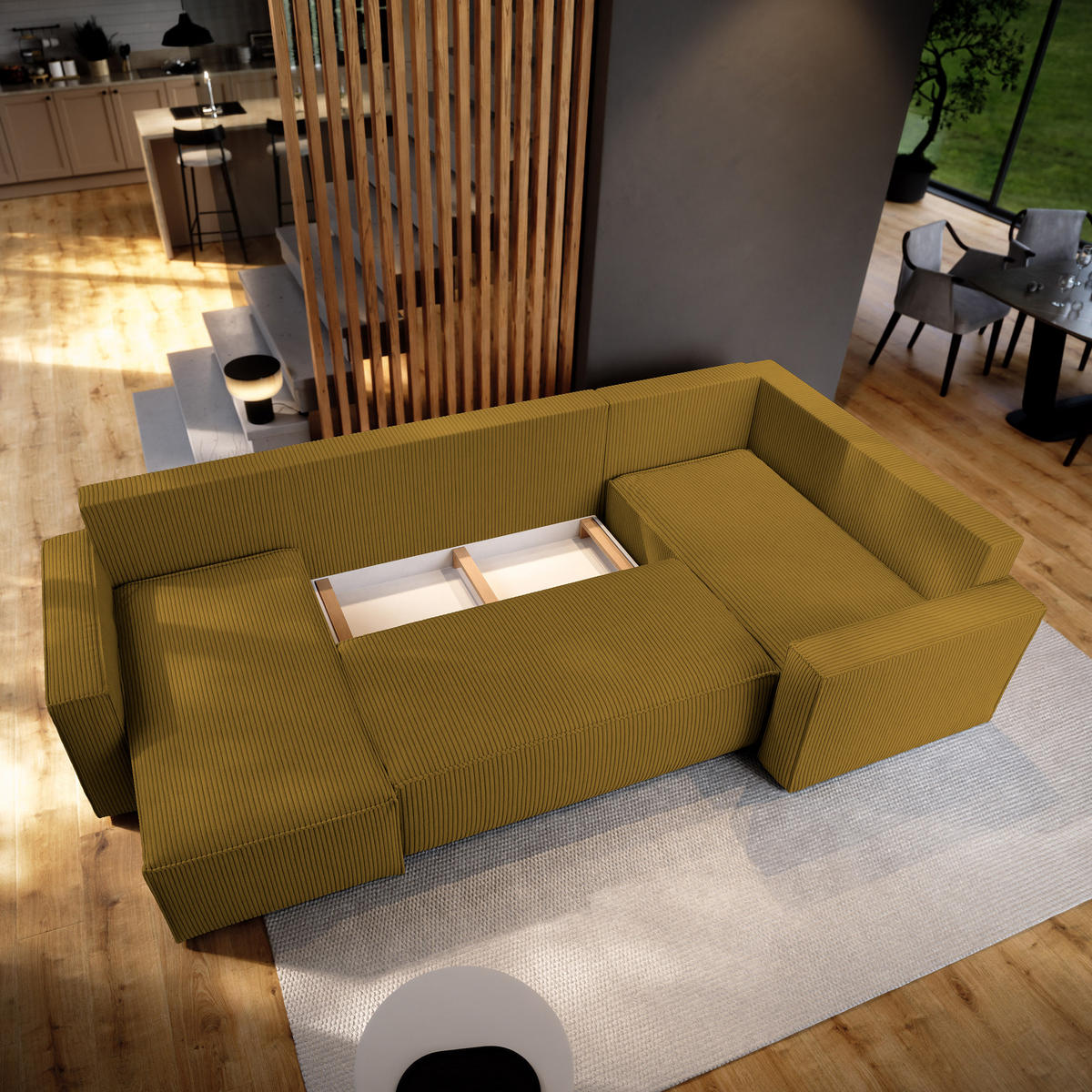 WOHNLANDSCHAFT NORENA R-S Gelb Kordstoff mit Schlaffunktion - Gelb, Holz (295/85/157.5cm) - MASSENO